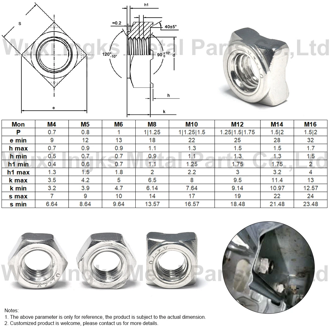 Stainless Steel Carbon Steel SS304 Bolt Screw DIN928 Self Lock Cage Square Welding Nuts